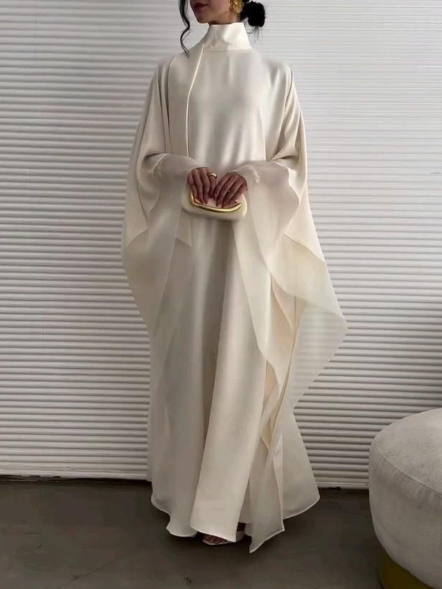 Elegant High-Neck Flowing Cape Maxi Dress