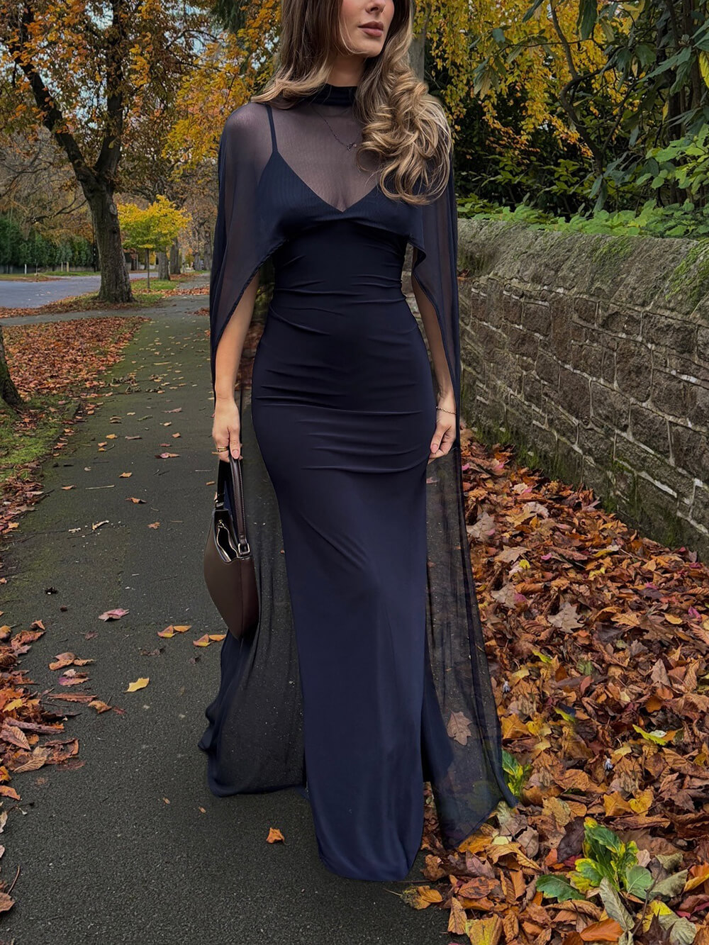 Sexy Navy Blue V-neck Sleeveless Sheer Fit Shawl-Style Spaghetti Strap Maxi Dress