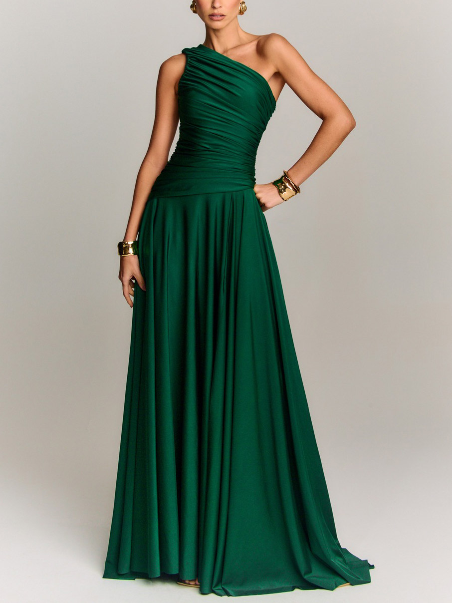 Elegant Draped One Shoulder Cocktail Maxi Dress
