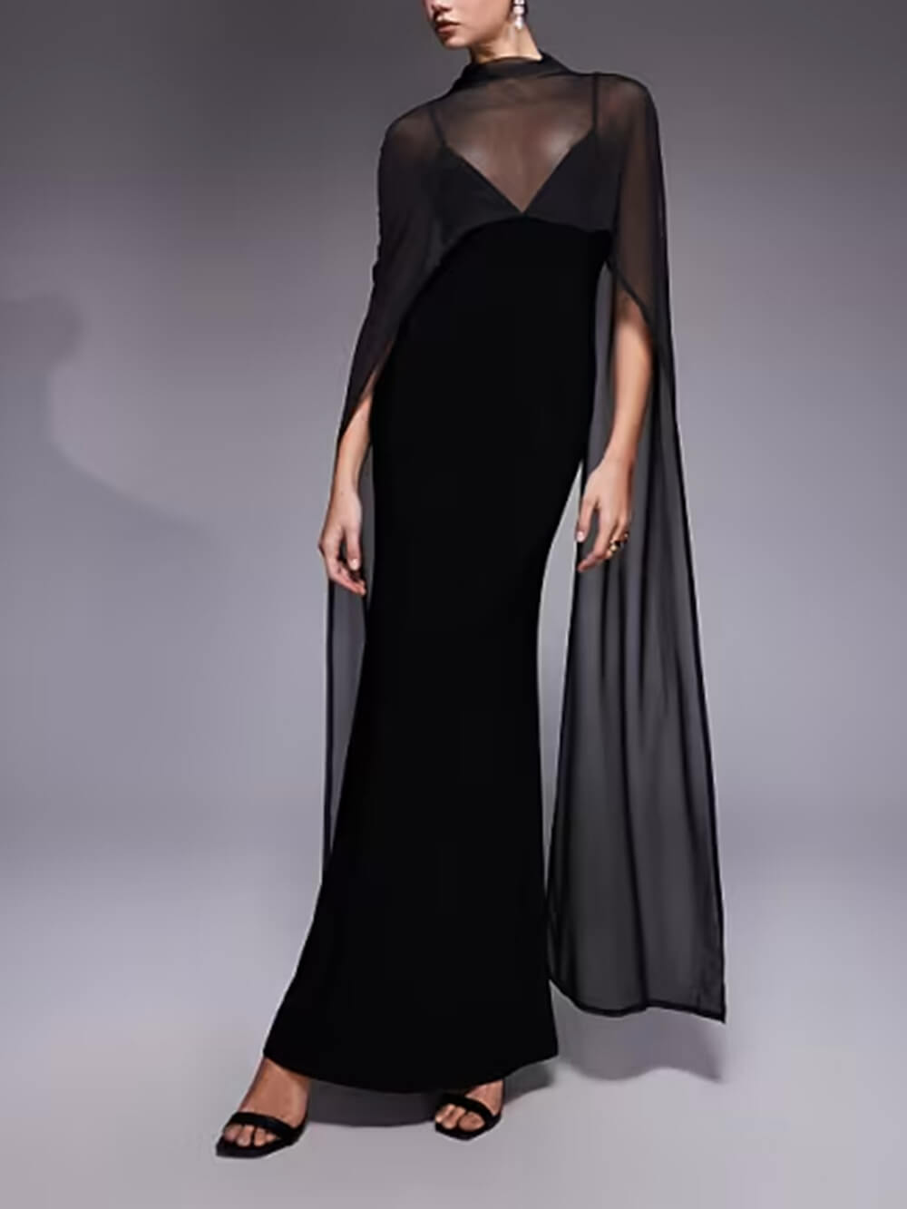 Sexy Black V-neck Sleeveless Sheer Fit Shawl-Style Spaghetti Strap Maxi Dress