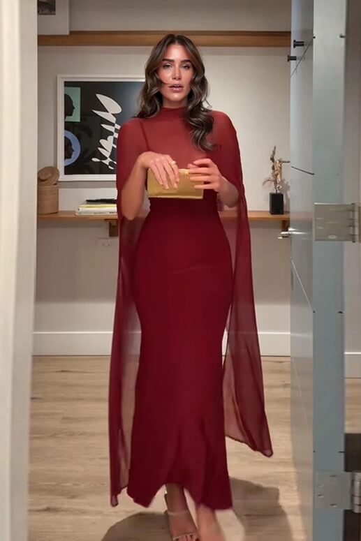 Sexy Burgundy V-neck Sleeveless Sheer Fit Shawl-Style Spaghetti Strap Maxi Dress