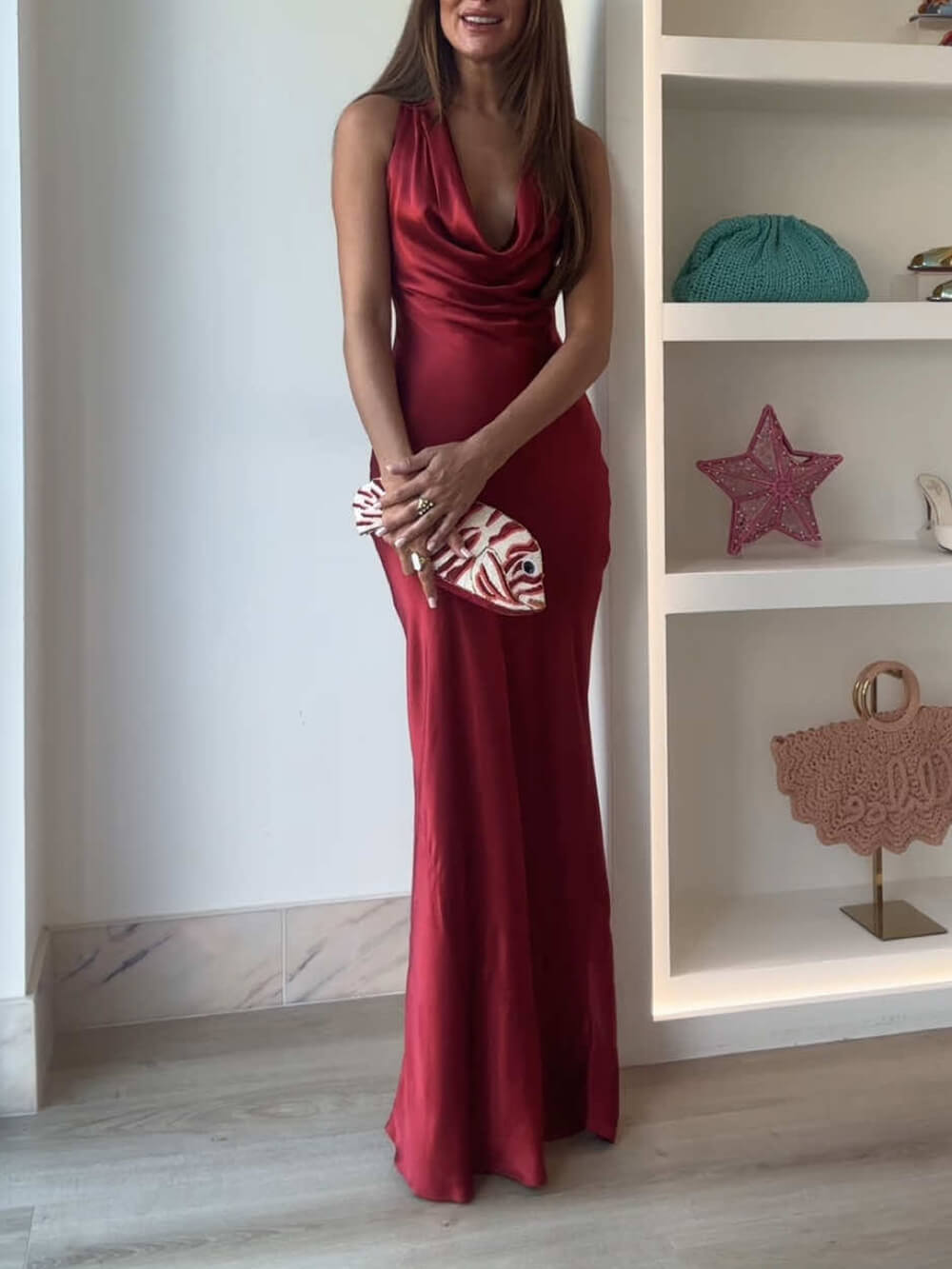 Elegant Pleated Stacked V-Neck Backless Party Maxi Dress