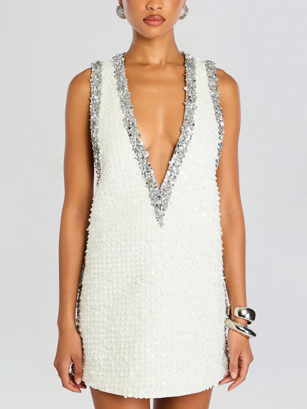 Exquisite Sequin Colorblock Trim V-neck Sleeveless A-line Mini Dress