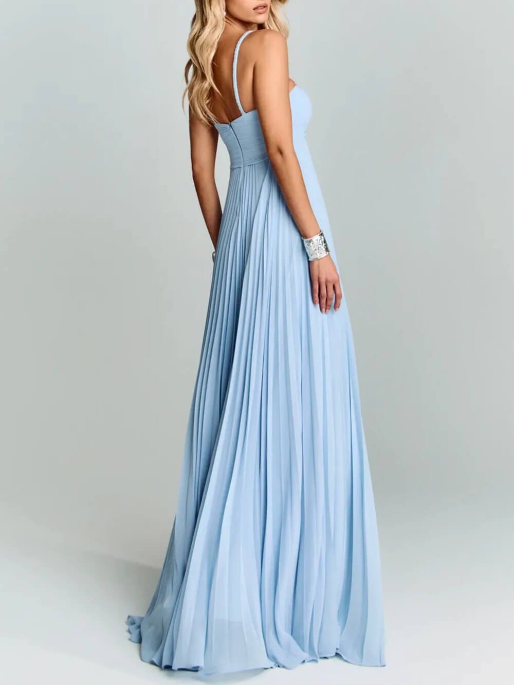 Elegant Braided Neckline Blue Pleated Maxi Dress