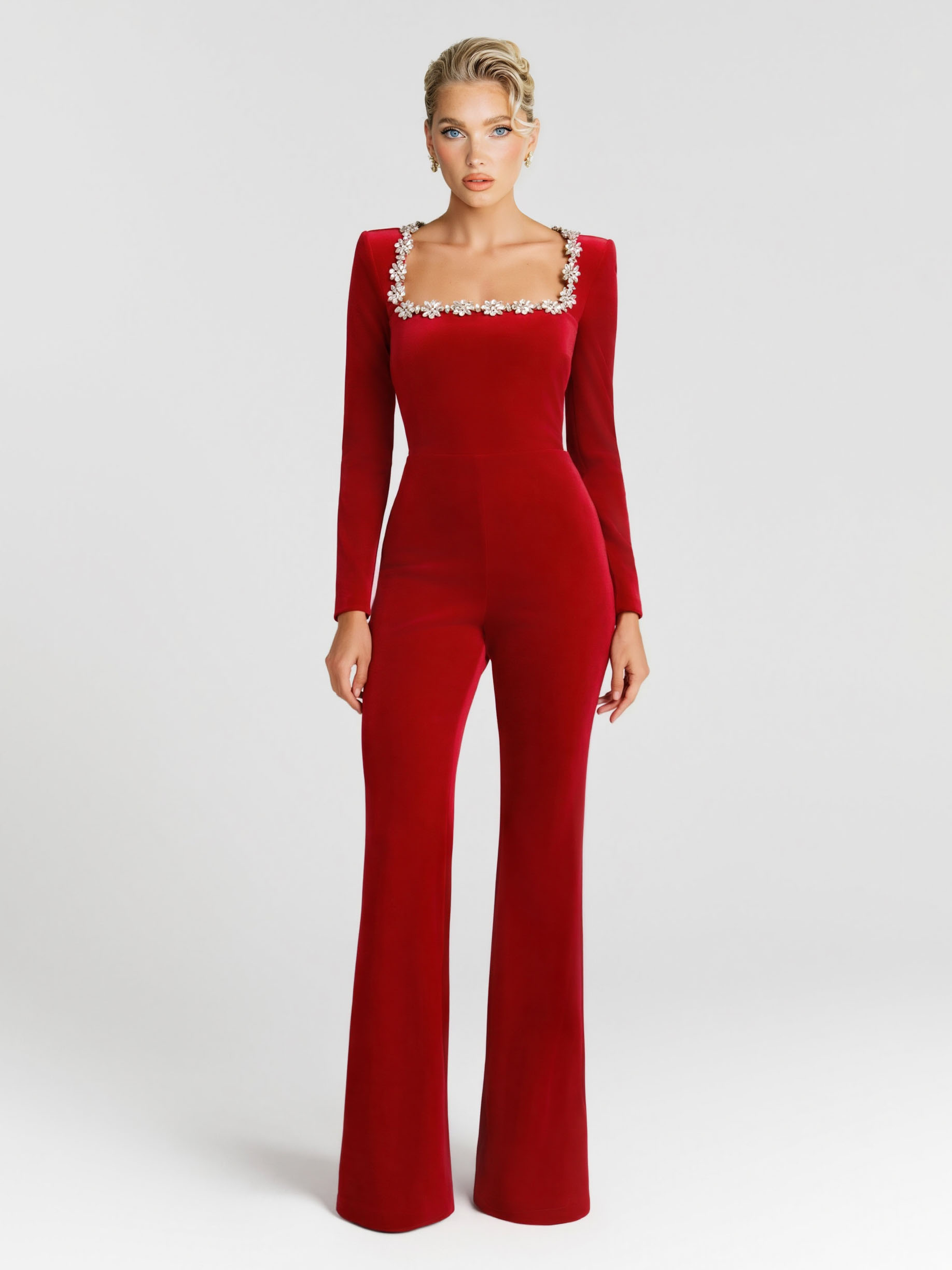 Elegant Crystal Embellished Flared Jumpsuit