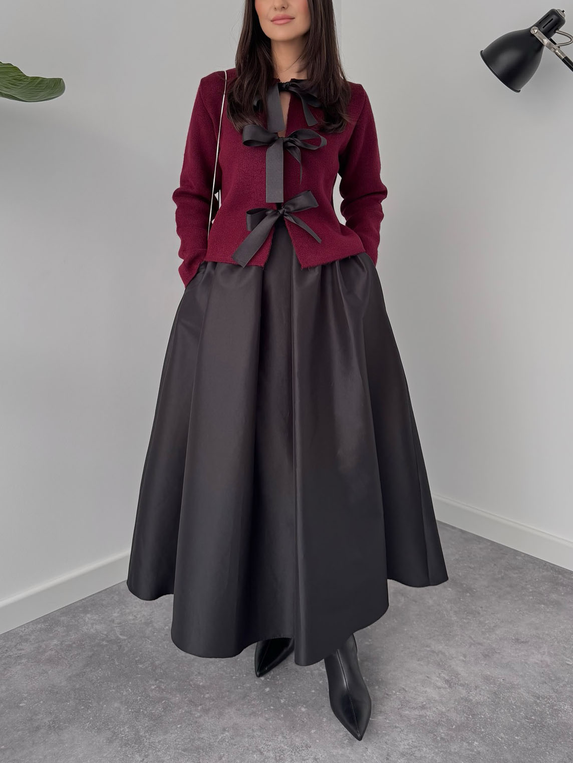 Elegant Bow-Knit Cardigan And A-Line Maxi Skirt Set