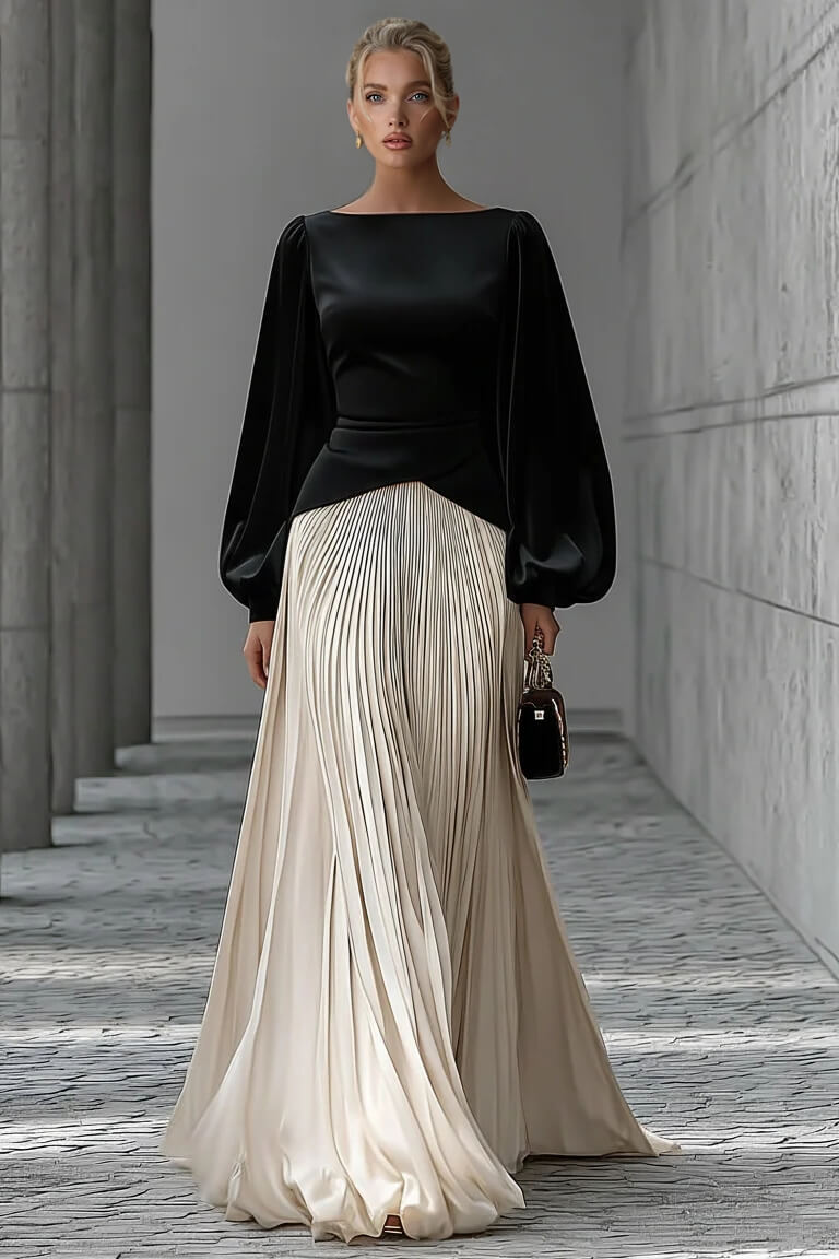 Chic Minimalist Velvet Paneled Pleated-Hem Maxi Dress