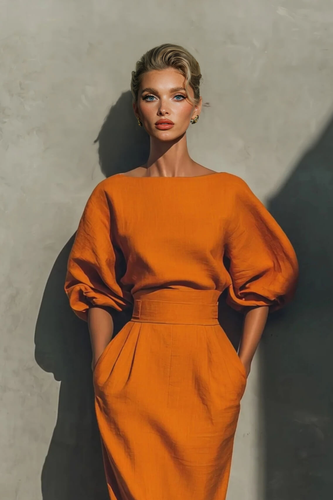 Delicate Round Neck Half-Sleeve Top And Pocketed Back Slit Midi Skirt Set