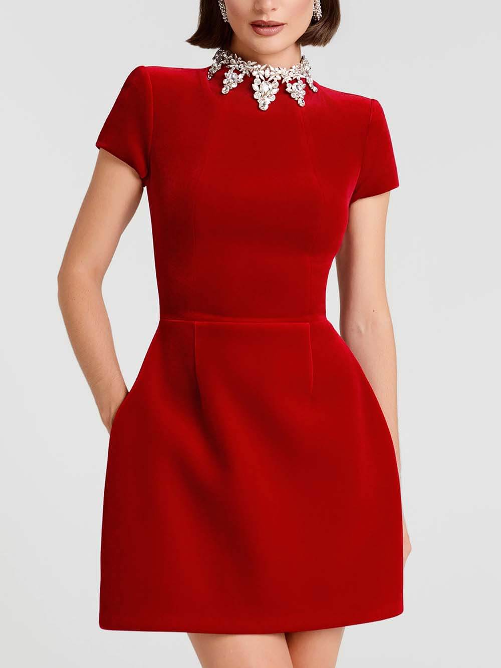 Elegant Jewel-encrusted Turtleneck Short Sleeve Pocket Tulip Mini Dress
