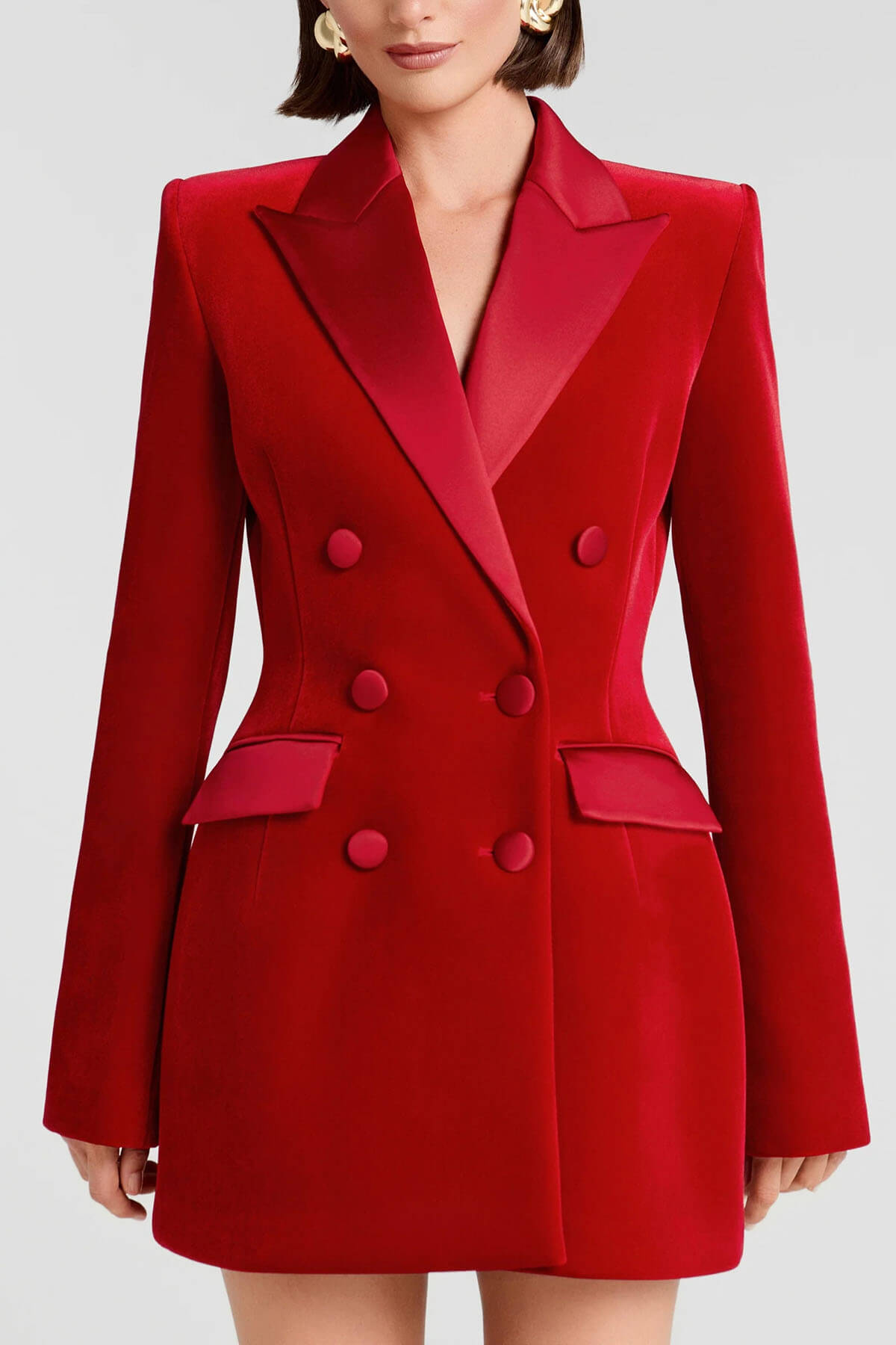 Exquisite Deep Red Double-Breasted Velvet Blazer Mini Dress