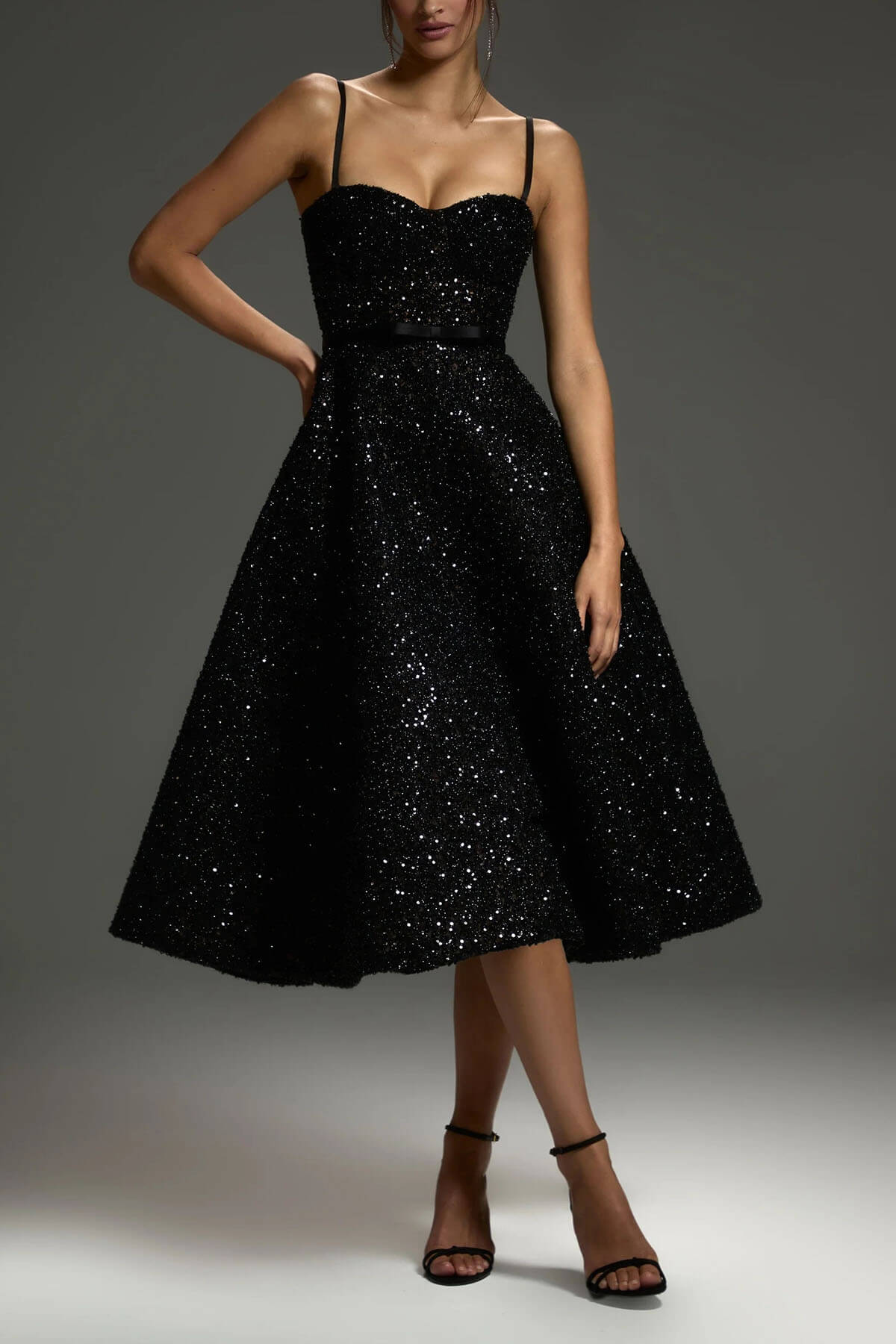 Exquisite Sequined Off-Shoulder Pleated Black A-Line Midi Dress