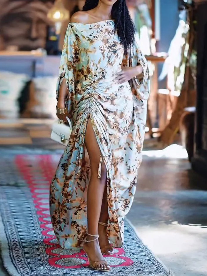 Elegant One-Shoulder Floral Draped Ruched Maxi Dress