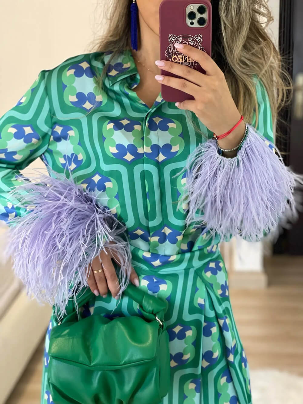 Fashionable Feather-Trimmed Printed Loose Shirt