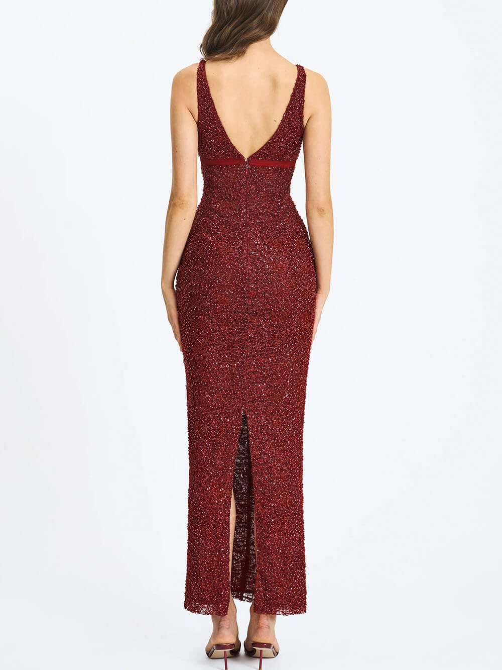Festival Exquisite Sequin Beaded Mesh Bow-Detail Cut-Out Slit Maxi Dress