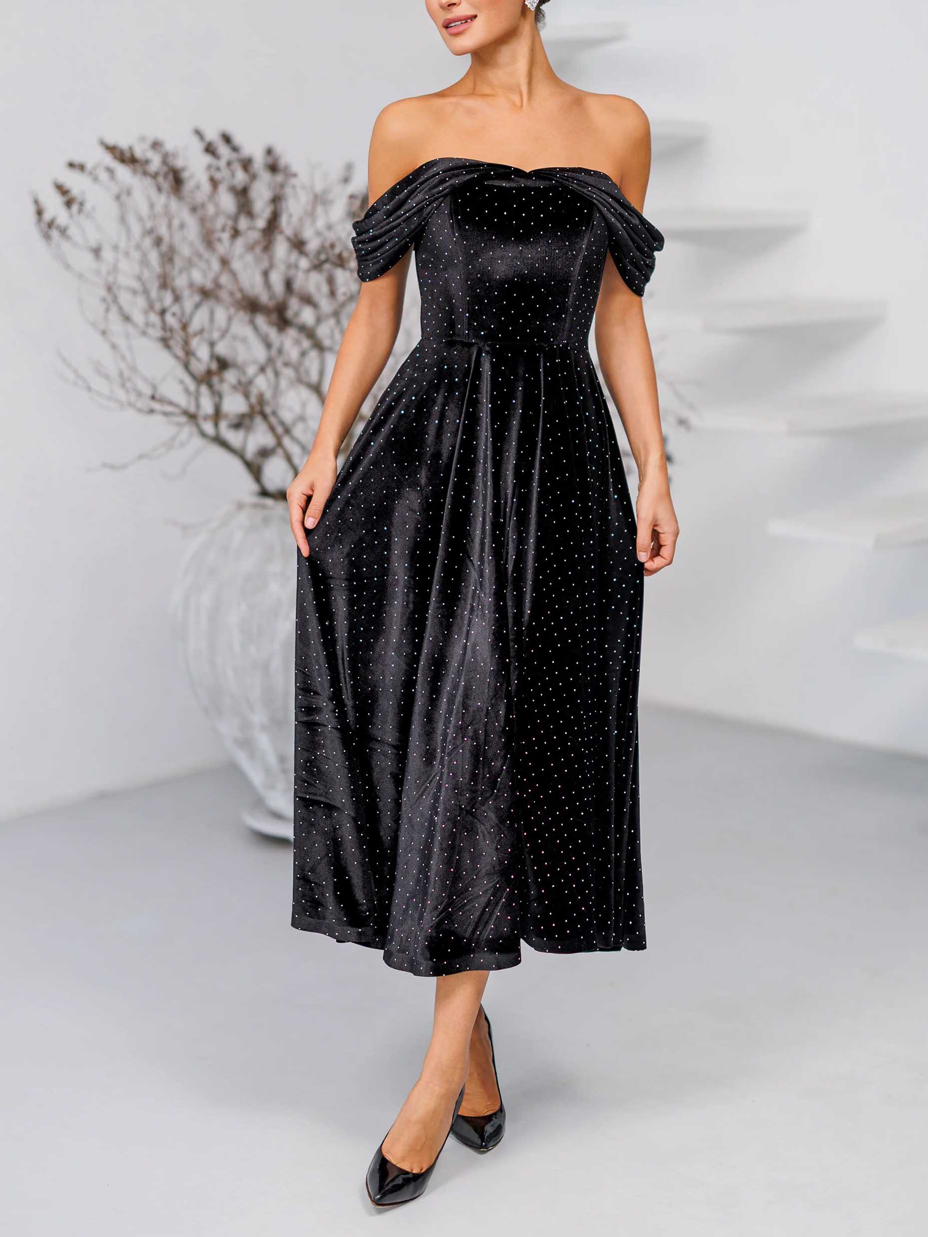 Elegant Off-Shoulder Velvet Rhinestone Midi Dress