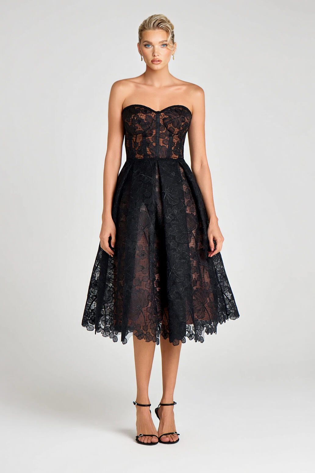 Exquisite Black Off-Shoulder Mesh Lace Cutout Midi Dress