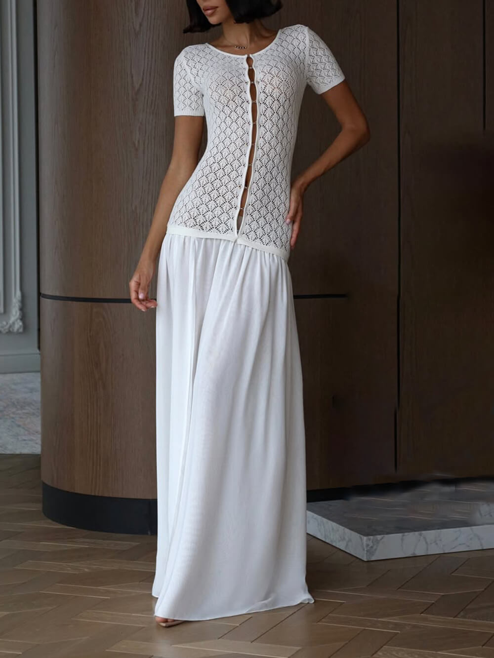 Playful Feel Elegant Hollow Hook Splicing Mesh Slit Maxi Dress