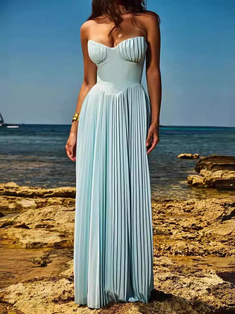 Elegant Pleated Strapless Maxi Dress