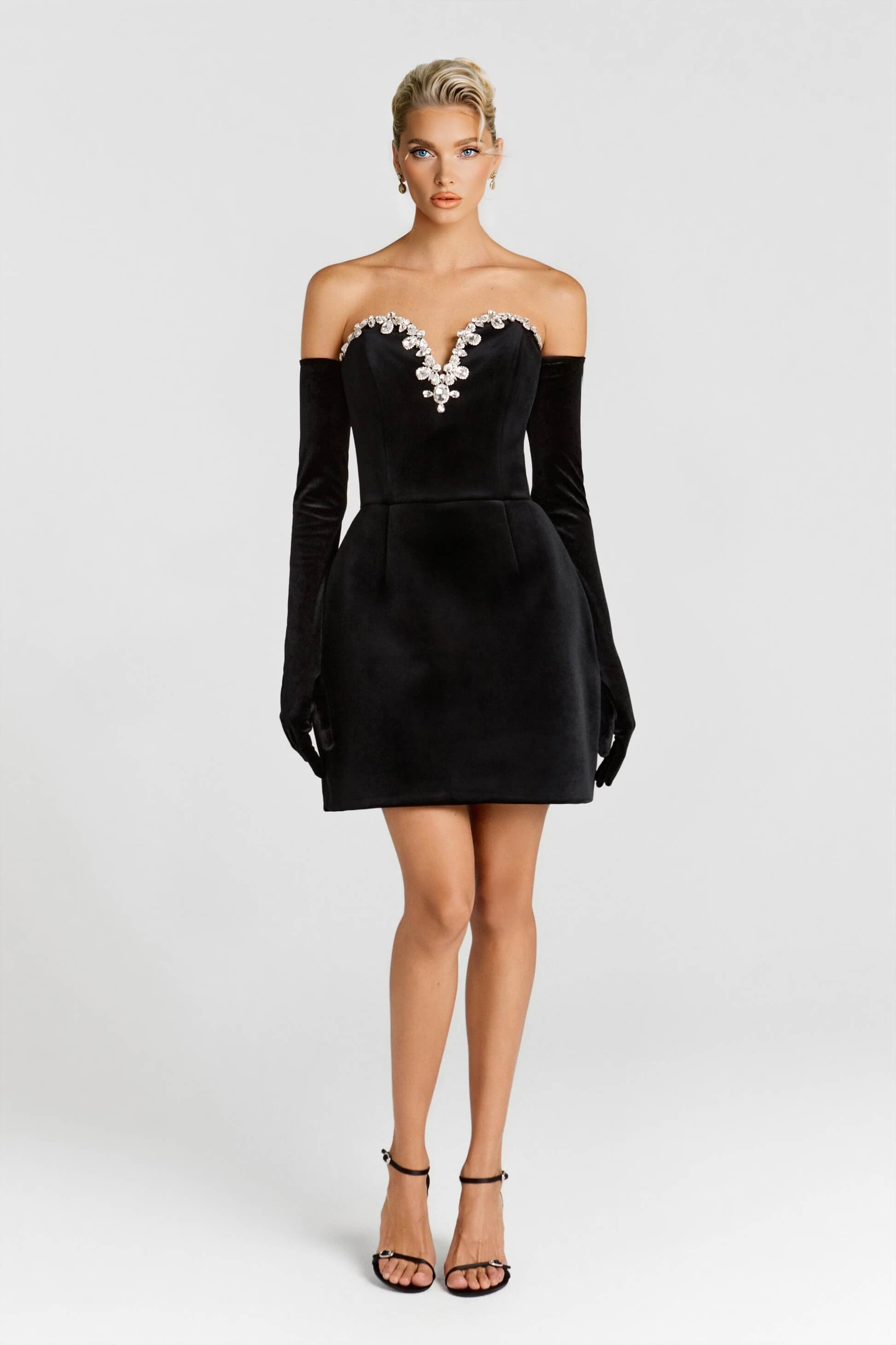 Elegant Strapless V-Neck Rhinestone-Embellished Mini Dress