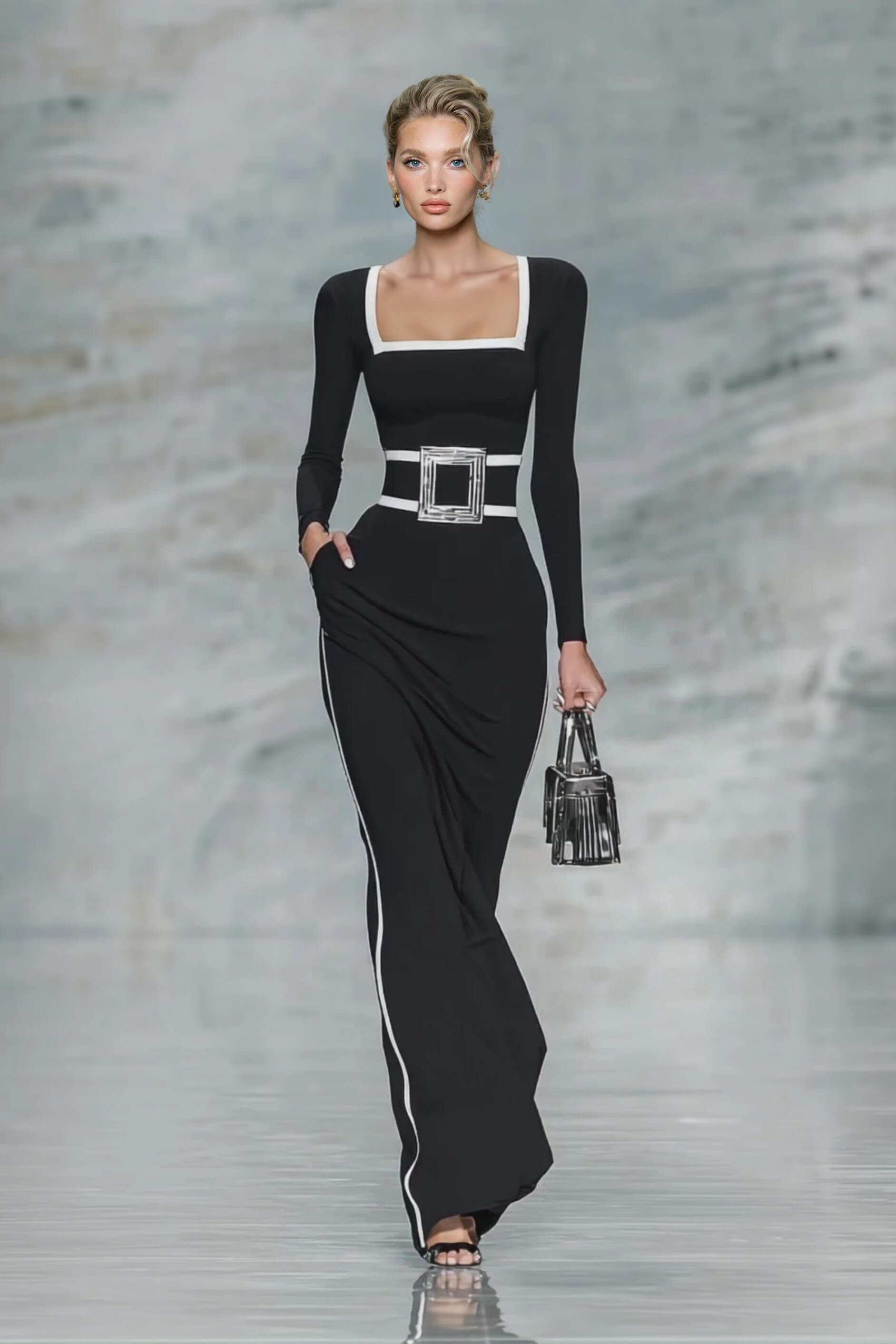 Elegant Black And White Trim Square Neck Long Sleeve Tight Maxi Dress