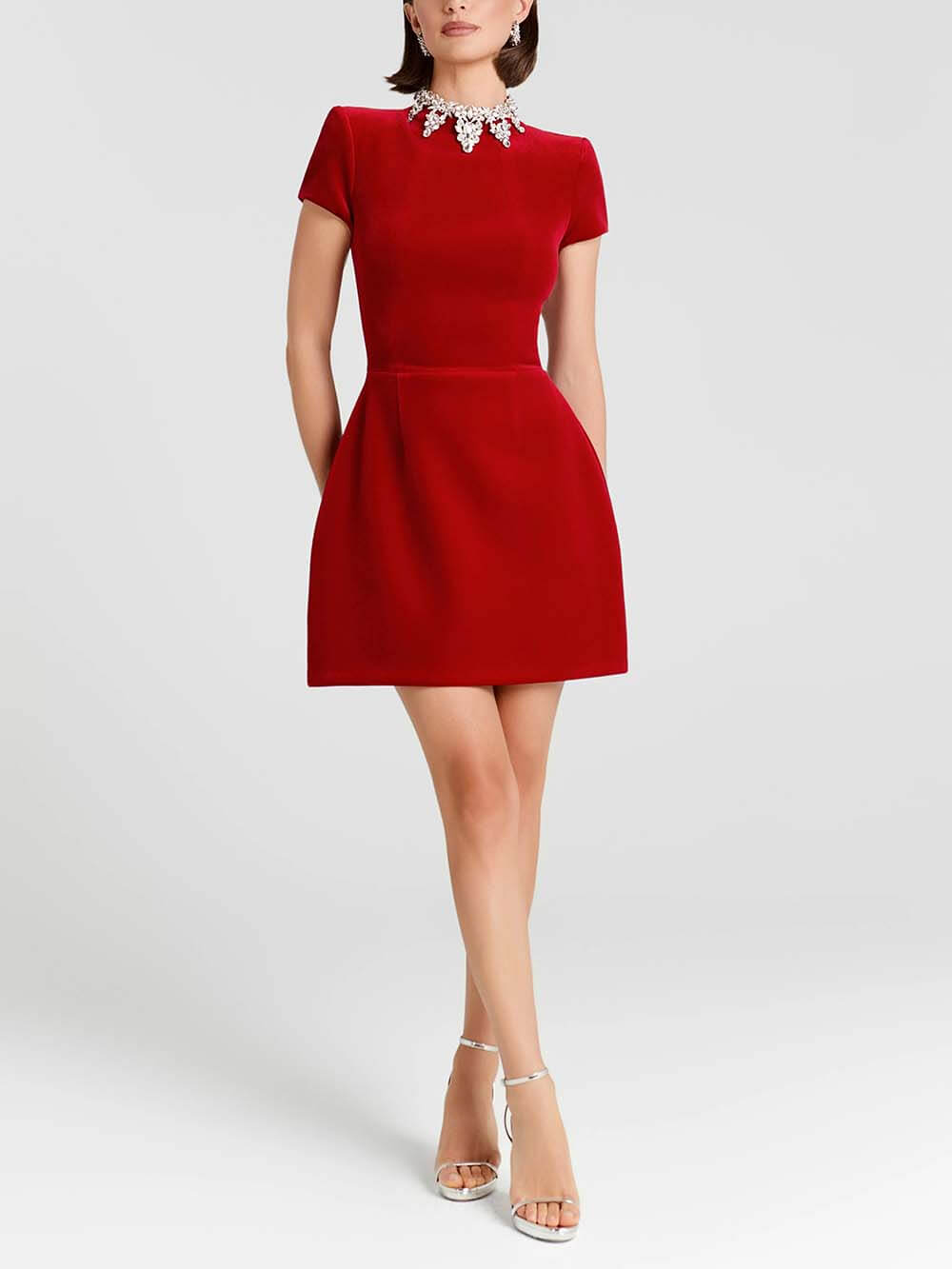 Elegant Jewel-encrusted Turtleneck Short Sleeve Pocket Tulip Mini Dress