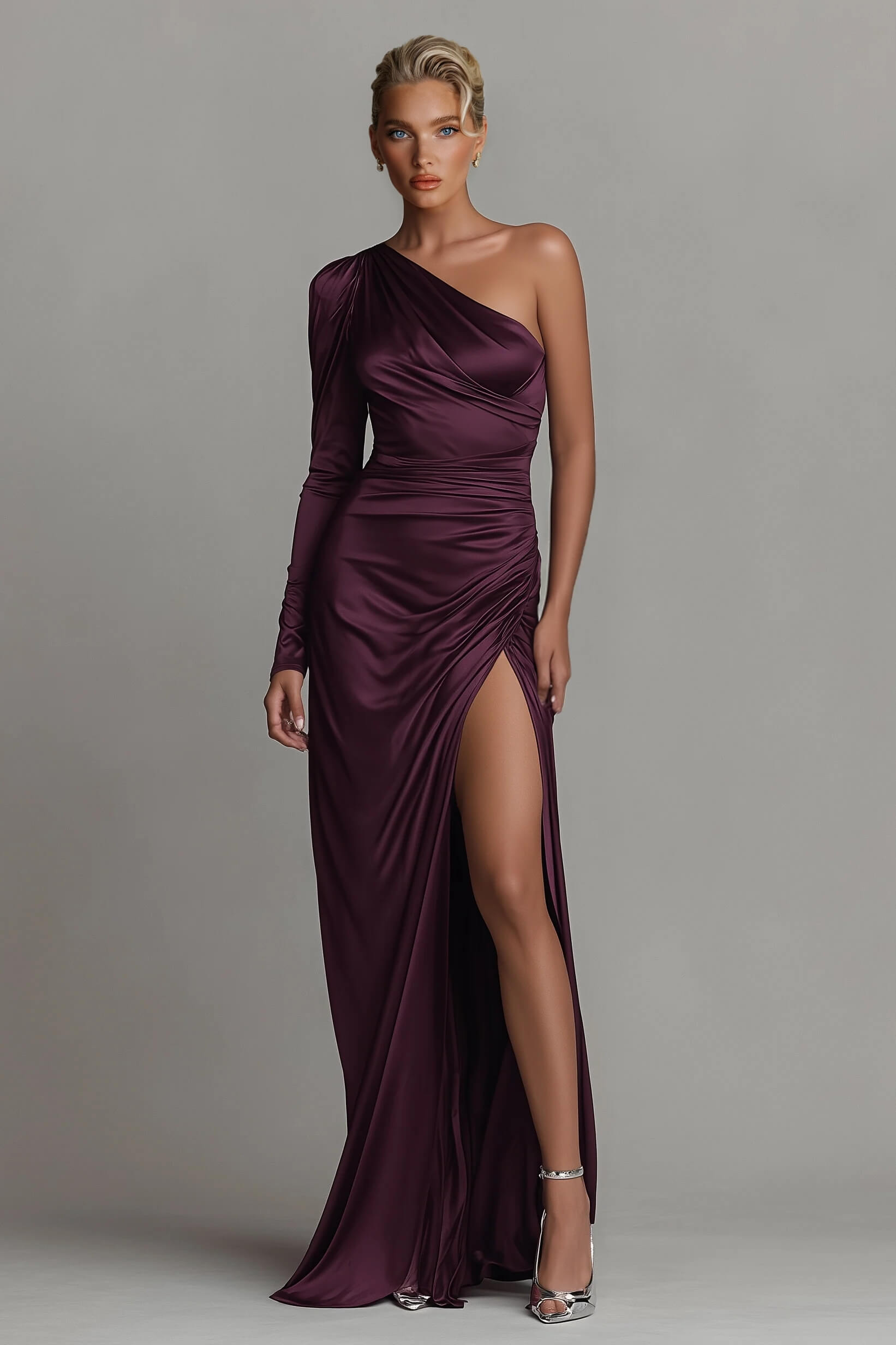 Elegant Minimalist Satin Ruched One-Shoulder Long-Sleeve Maxi Dress