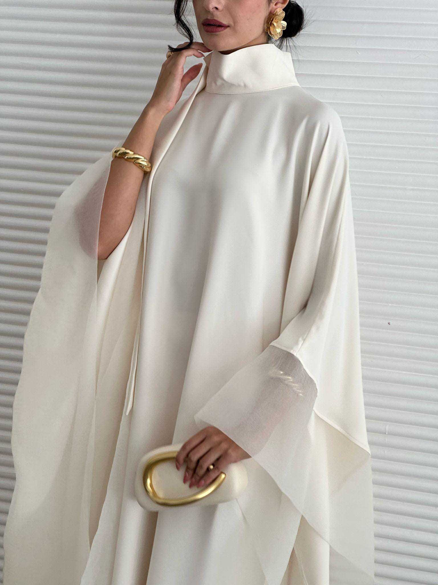 Elegant High-Neck Flowing Cape Maxi Dress