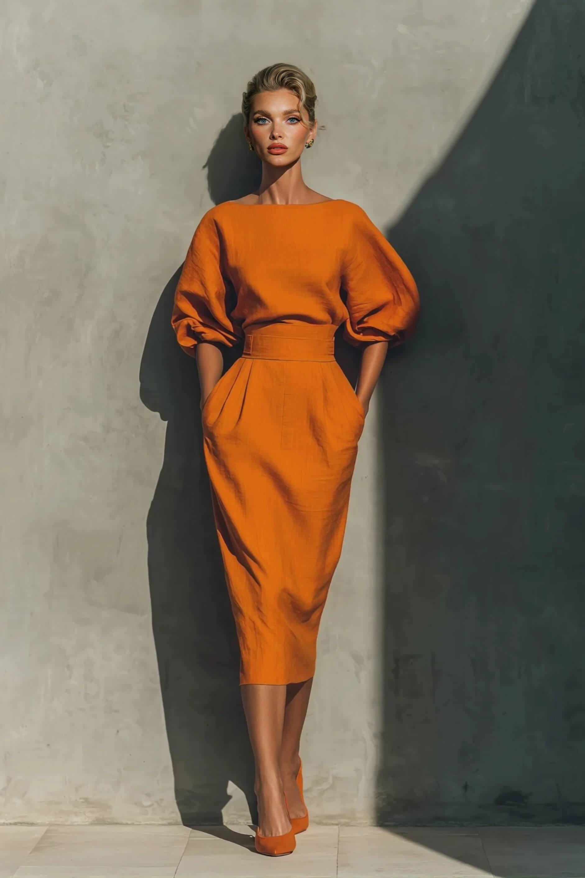 Delicate Round Neck Half-Sleeve Top And Pocketed Back Slit Midi Skirt Set