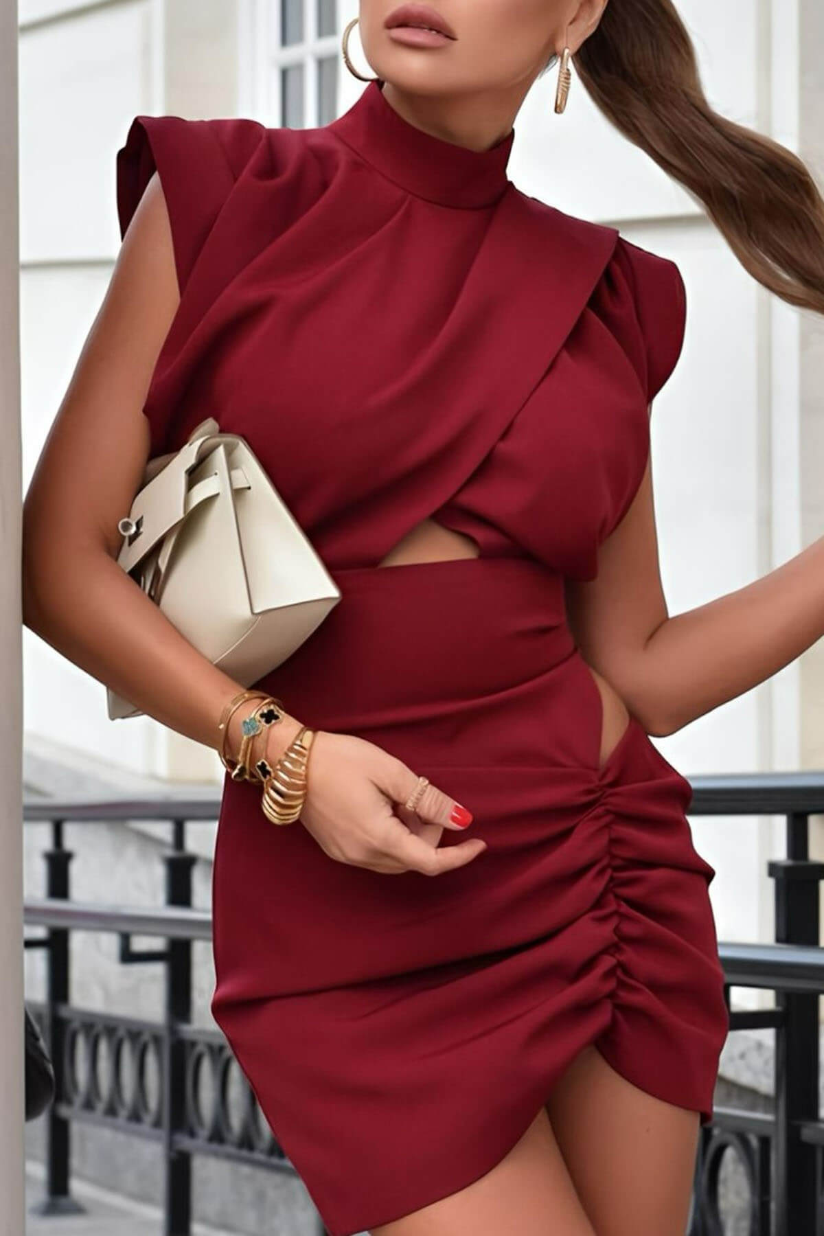 Chic Pleate Cut-Out Red Mini Dress