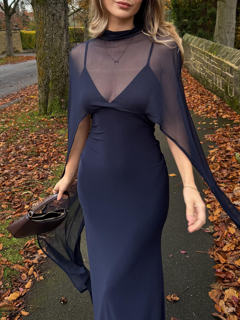 Sexy Navy Blue V-neck Sleeveless Sheer Fit Shawl-Style Spaghetti Strap Maxi Dress