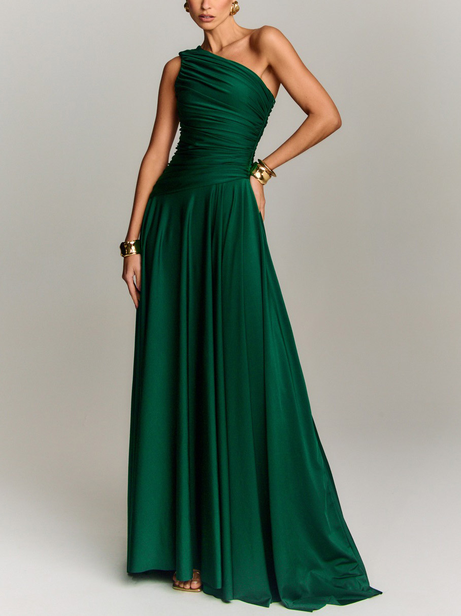 Elegant Draped One Shoulder Cocktail Maxi Dress