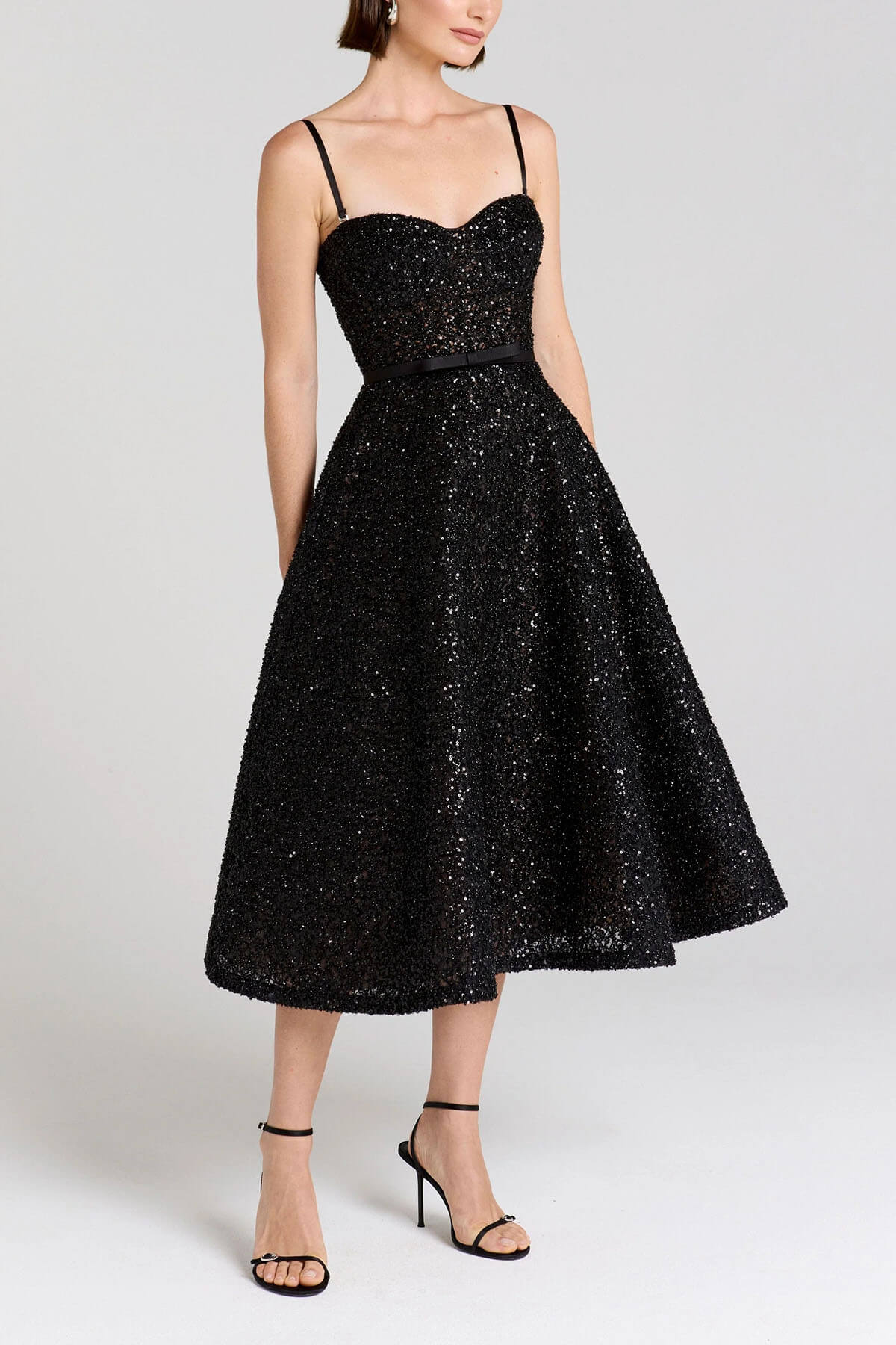 Exquisite Sequined Off-Shoulder Pleated Black A-Line Midi Dress