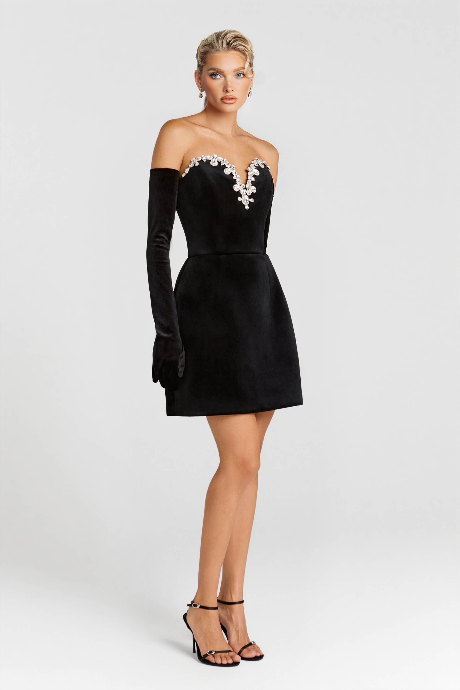 Elegant Strapless V-Neck Rhinestone-Embellished Mini Dress