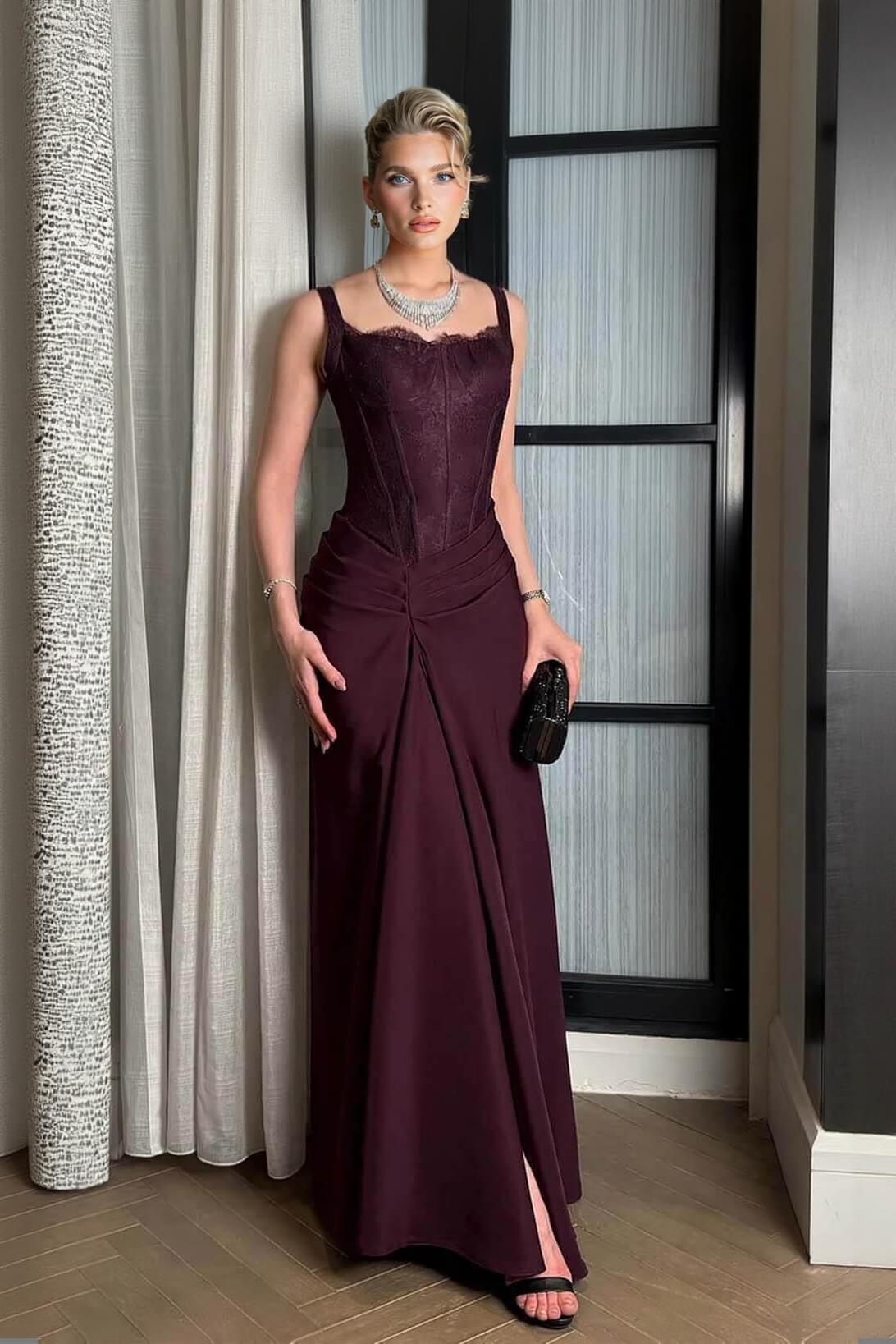 Elegant Lace With Side Slit Evening Gown Maxi Dress