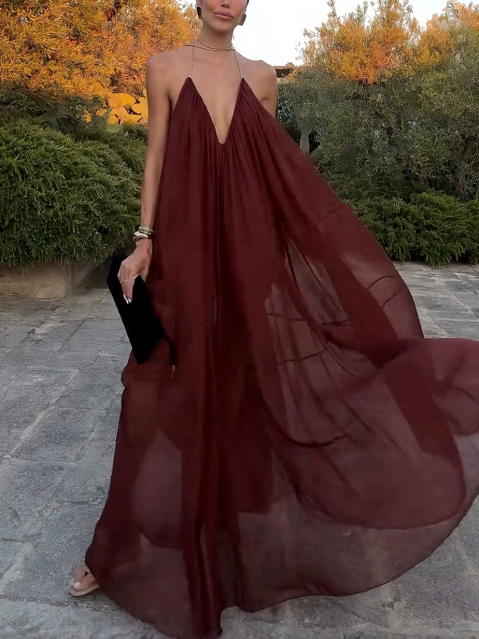 Elegant V-neck Chiffon Flowy Maxi Dress