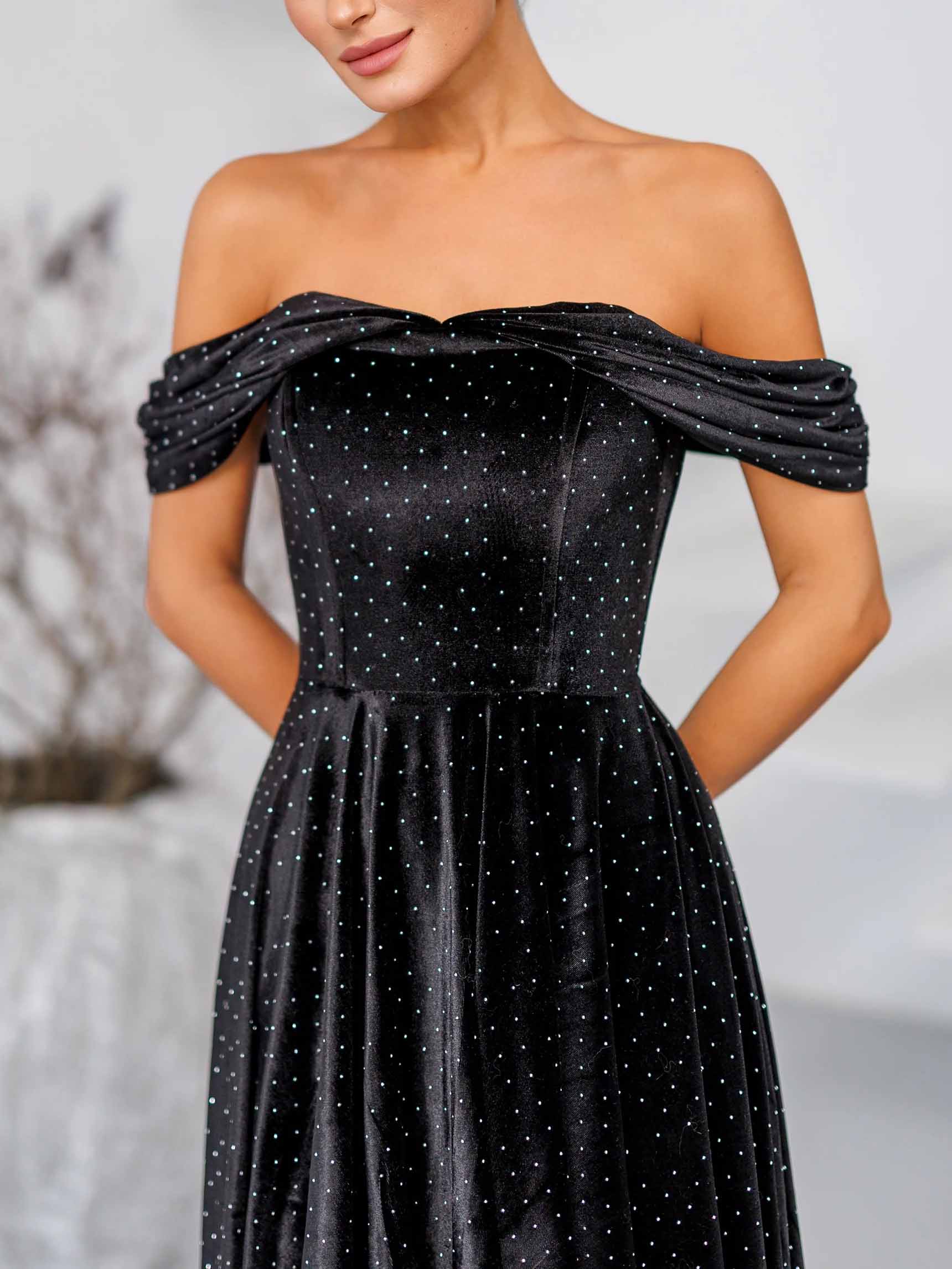 Elegant Off-Shoulder Velvet Rhinestone Midi Dress