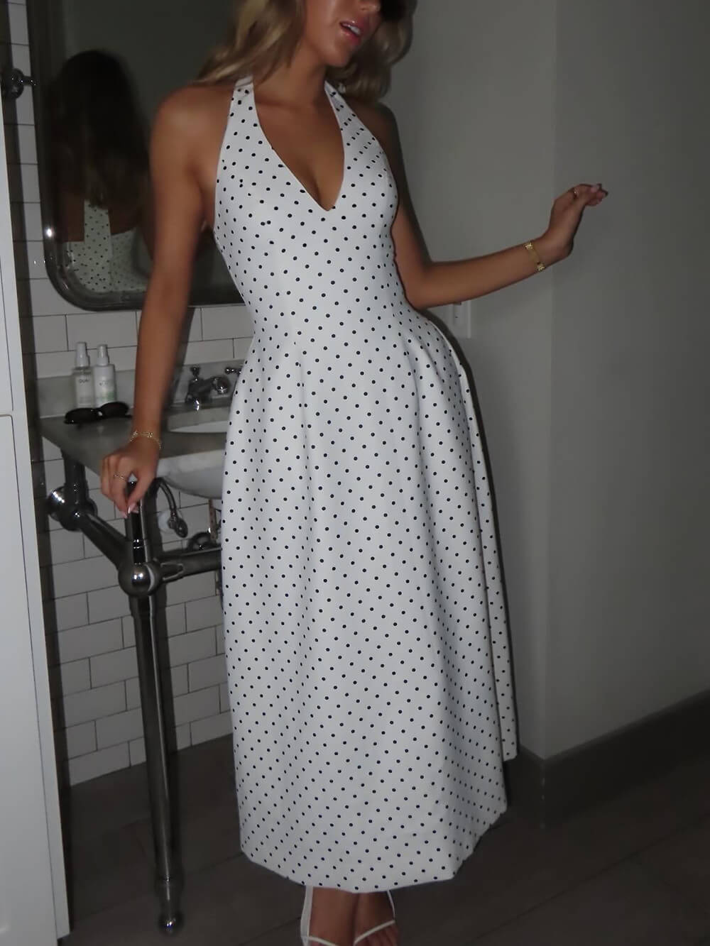 Classic Polka Dot Print Backless Tie Midi Dress