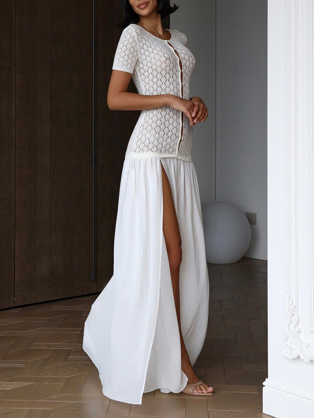 Playful Feel Elegant Hollow Hook Splicing Mesh Slit Maxi Dress