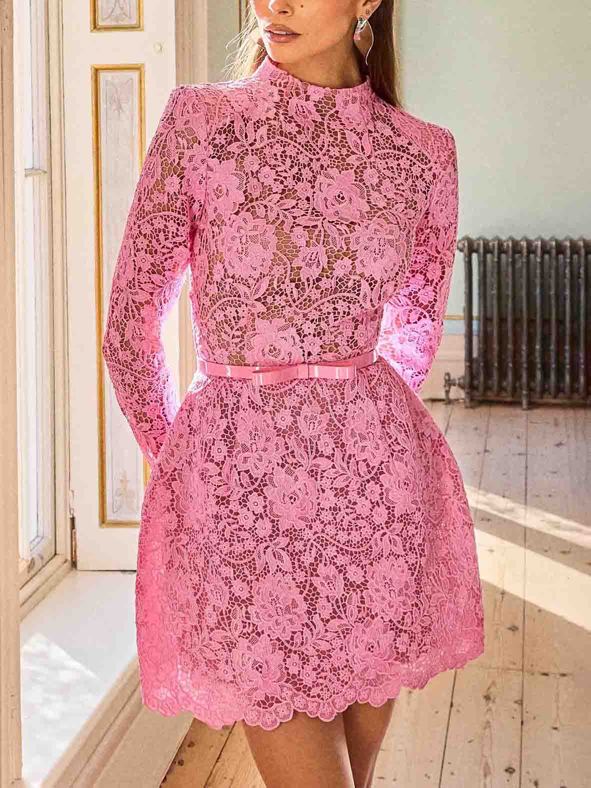 Elegant Floral Lace Long Sleeve Cutout Mini Dress