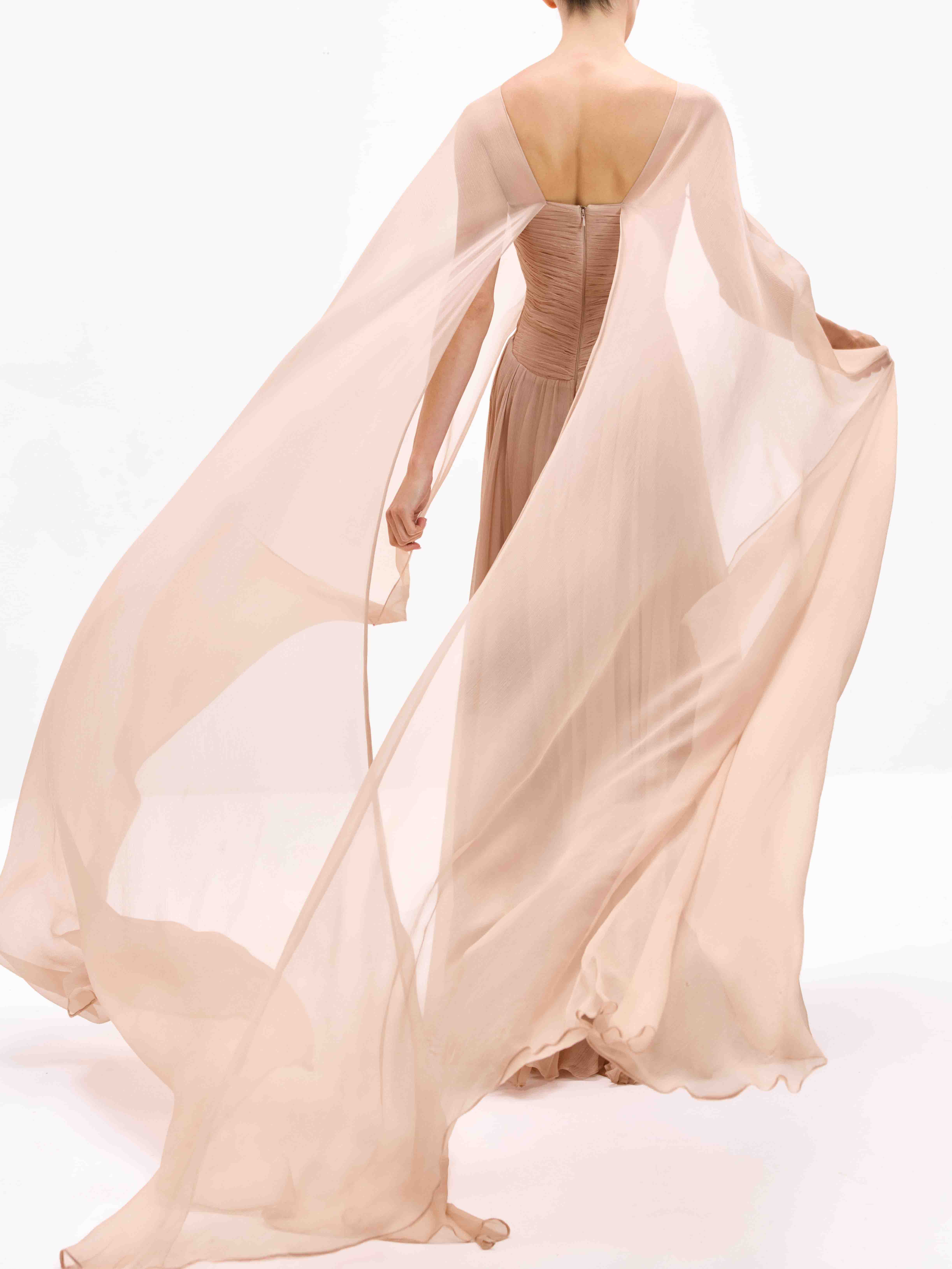 Elegant Draped V-Neck Sheer Cape Sleeve Sweep Train Maxi Dress