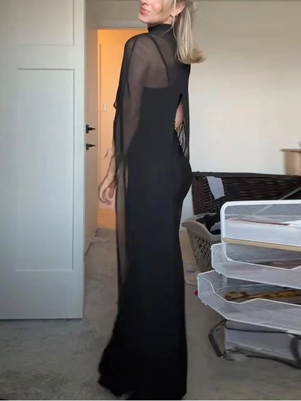 Sexy Black V-neck Sleeveless Sheer Fit Shawl-Style Spaghetti Strap Maxi Dress