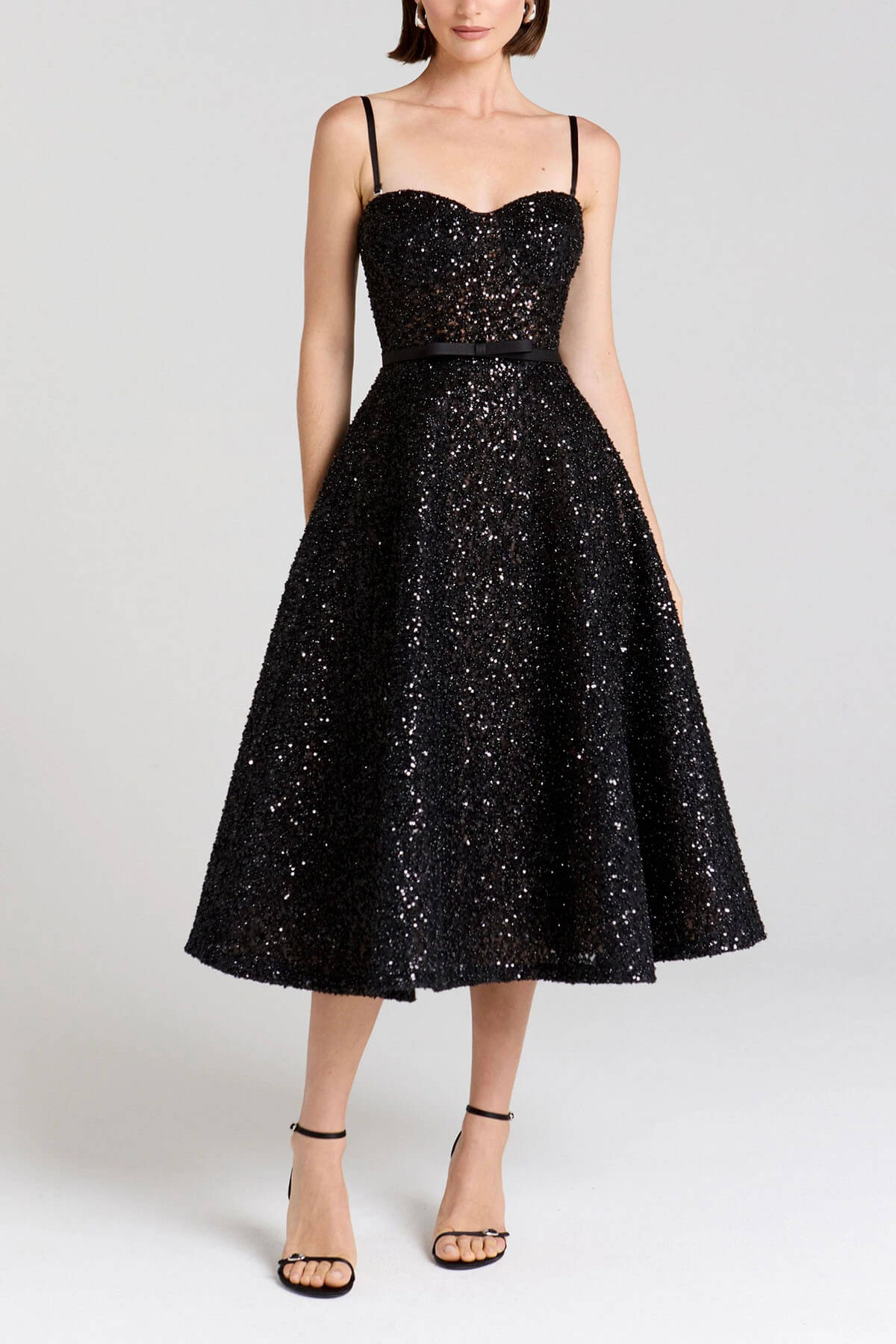 Exquisite Sequined Off-Shoulder Pleated Black A-Line Midi Dress