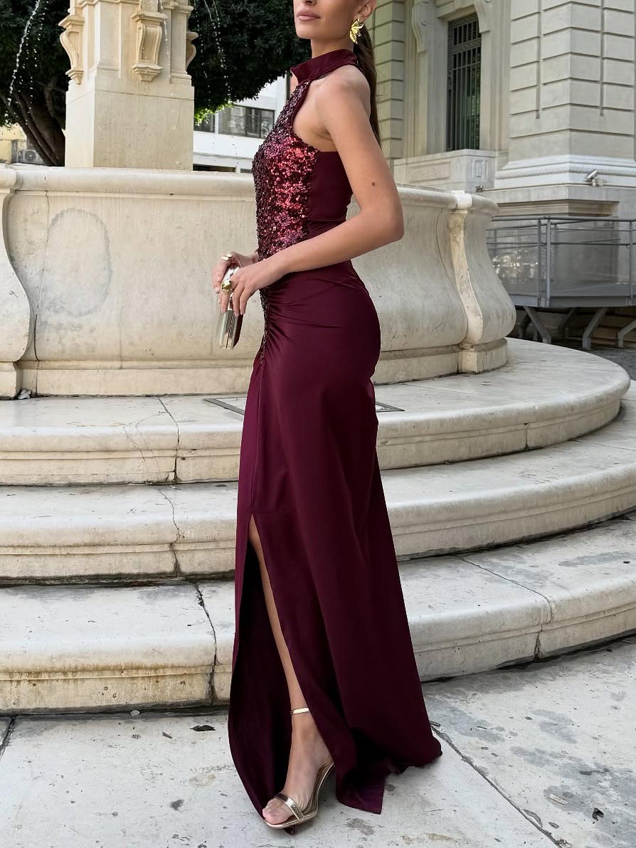 Elegant Halter Neck Sequined Maxi Dress