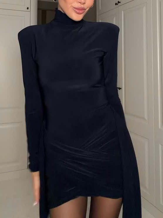 Elegant High-neck Long-sleeved Pleated Mini Dress