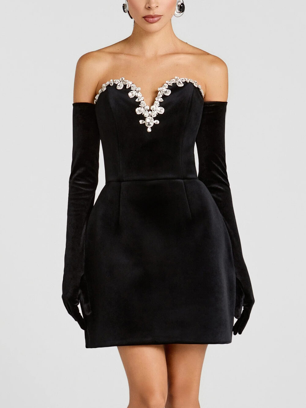 Elegant Strapless V-Neck Rhinestone-Embellished Mini Dress