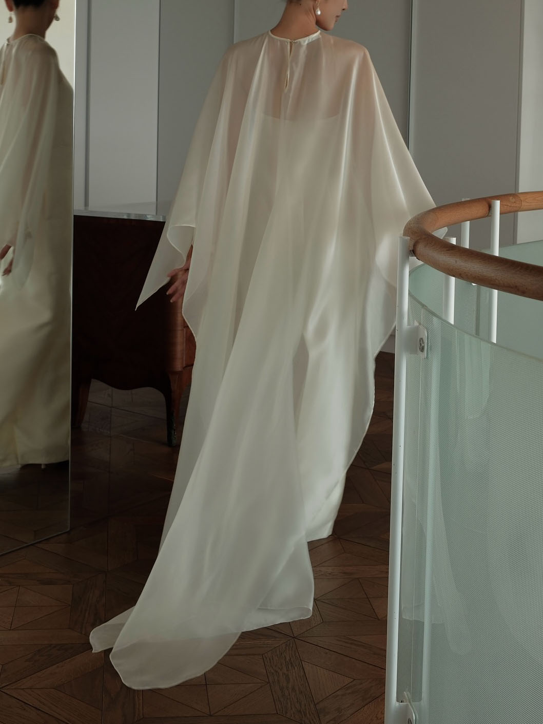 Elegant Sheer Cape Overlay Satin Maxi Dress