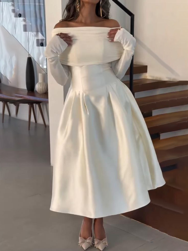 Elegant Off-Shoulder Satin Midi Dress
