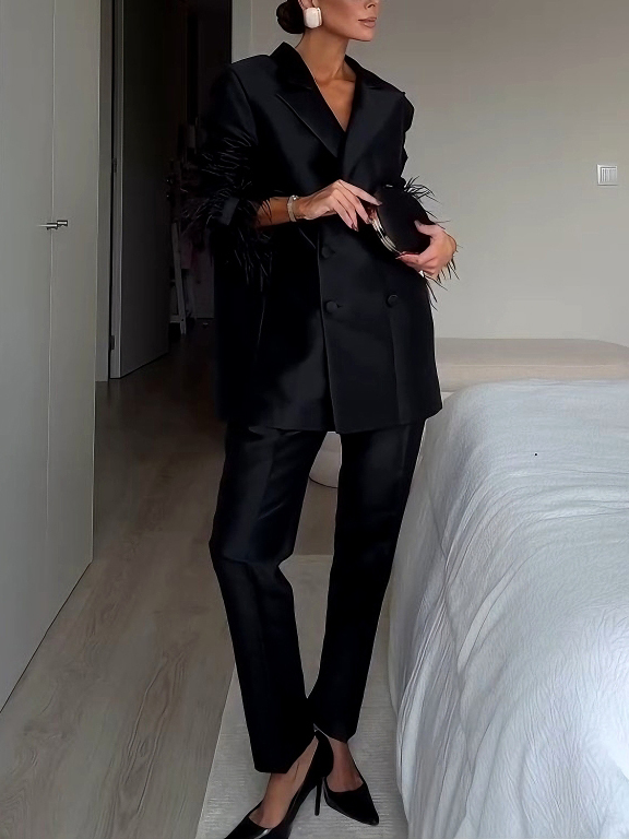 Elegant Satin Feather-embellished Double-breasted Blazer