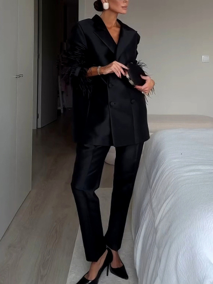 Elegant Satin Feather-embellished Double-breasted Blazer
