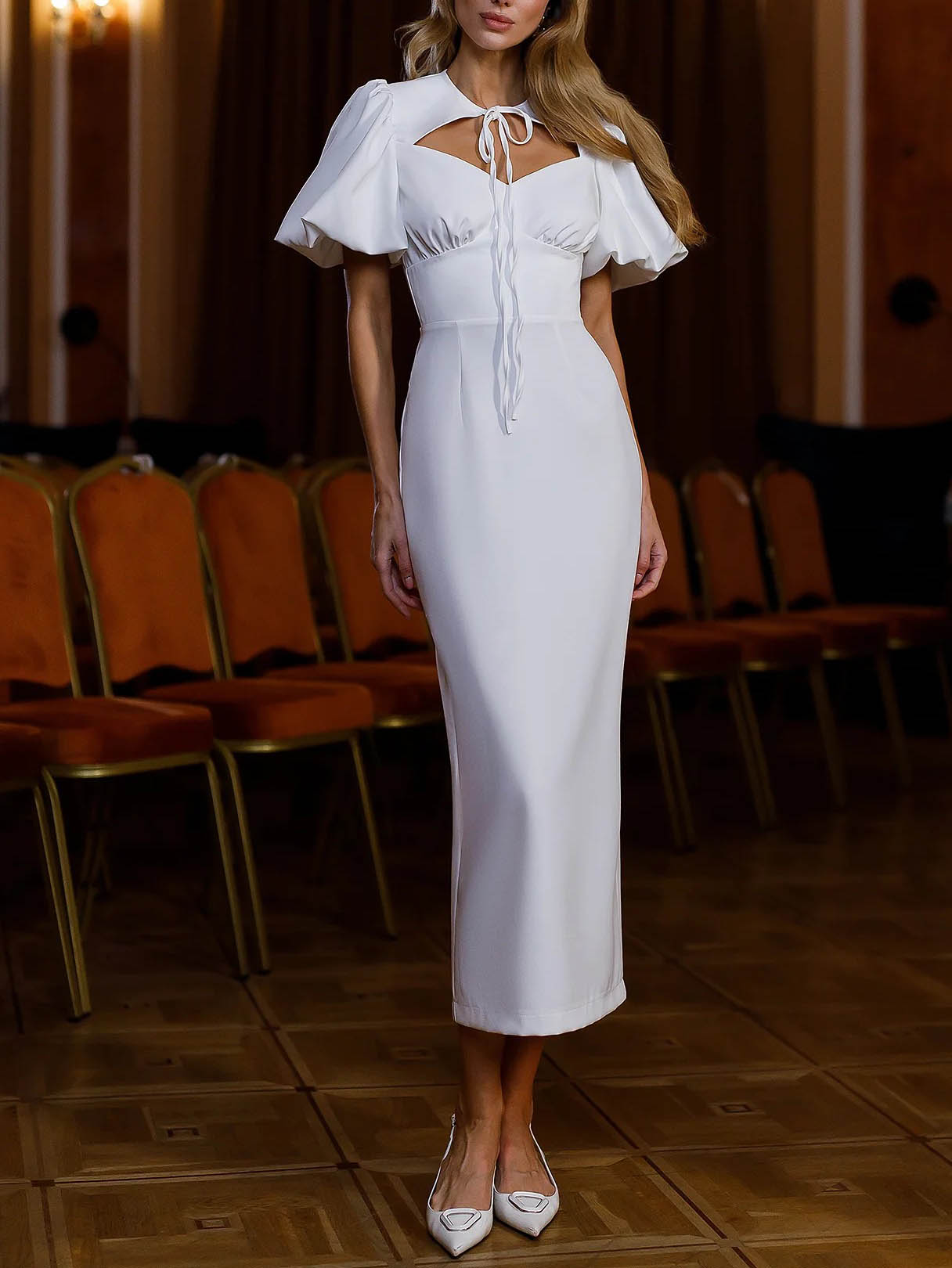 Elegant Puff Sleeve Midi Dress